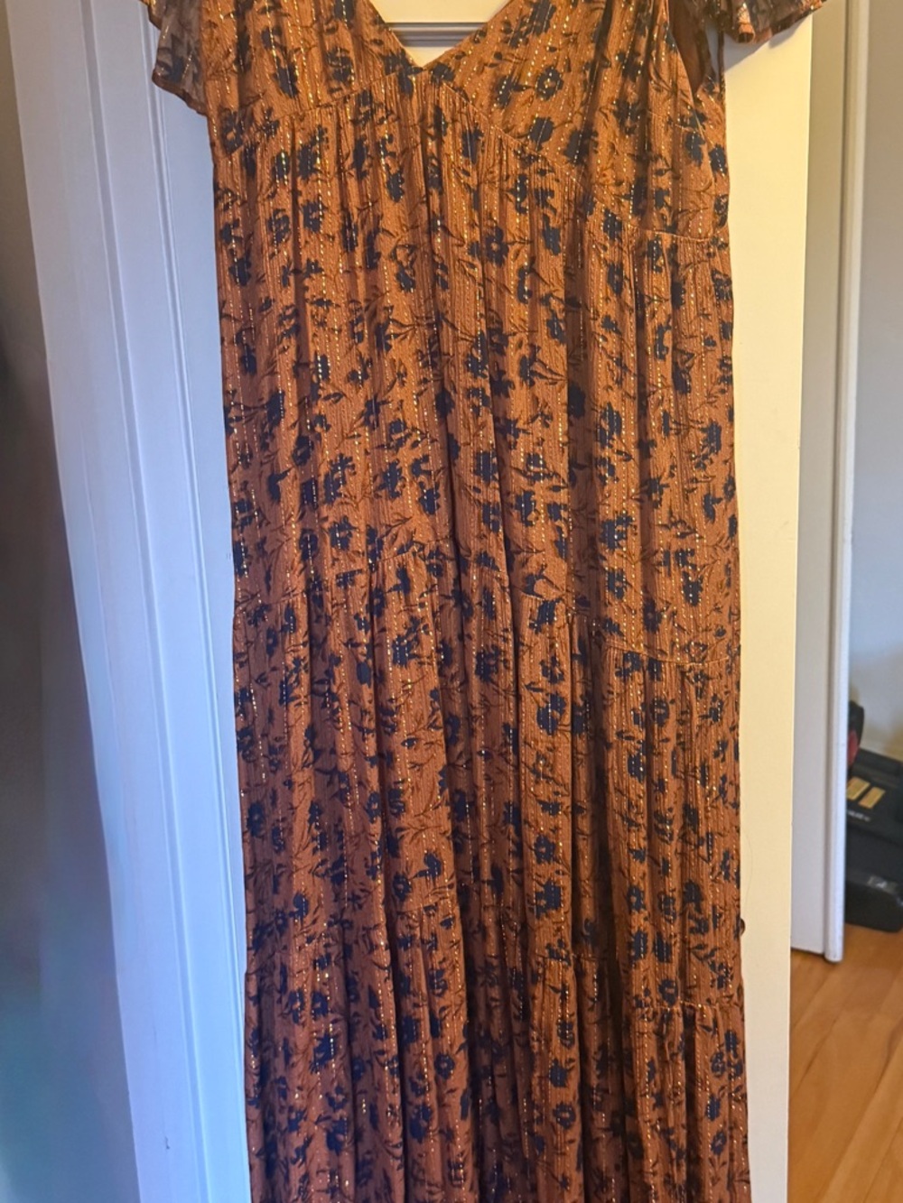 Jen's Pirate Booty Rust Maxi Dress with Navy Floral Print